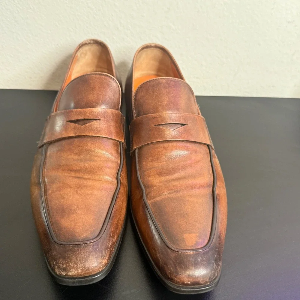 Santoni Penny Loafer Mens 11.5 Brown Leather Burnished Apron Toe Made in Italy